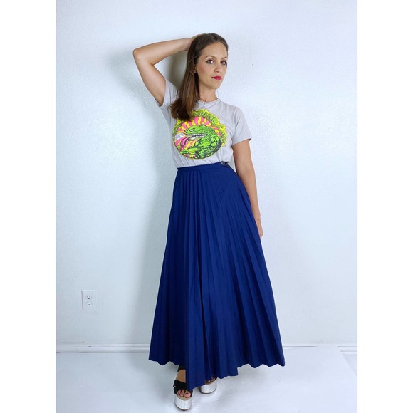 vintage 70s Navy high waisted PLEATED Maxi SKIRT xxs/xs full skirt knife pleats - Picture 4 of 10
